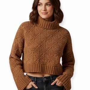 POL for ANTHROPOLOGIE Women’s Brown Cropped Turtleneck Textured Knit Sweater Sma